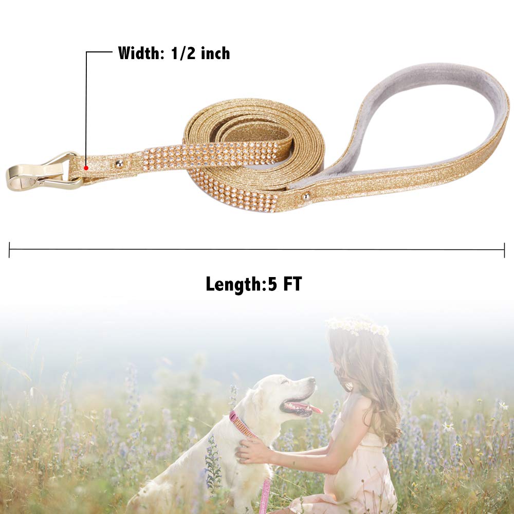Petshome Dog Leash, Pet Leash, [Bling Rhinestones] Premium Pu Leather Durable And Soft 5 Ft Leash For Control Safety Training, Walking Lead For Small To Medium Dogs Gold