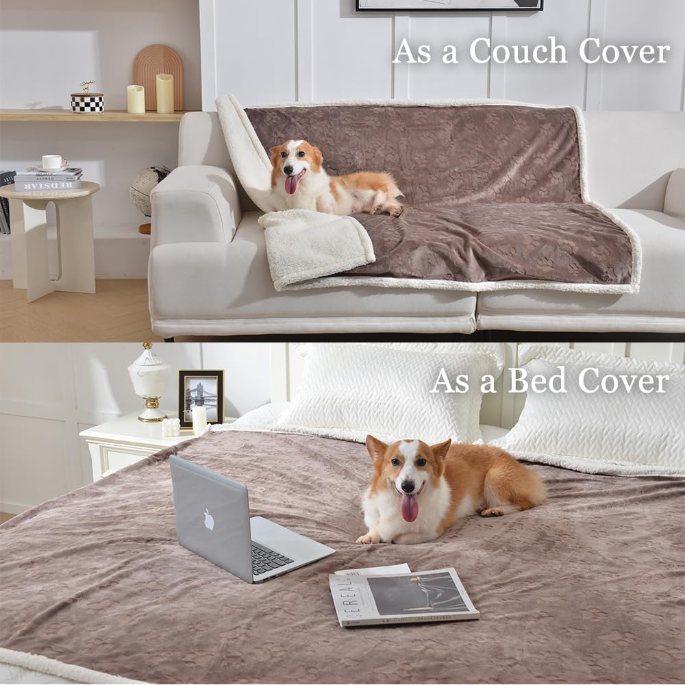 Qeils Dog Blankets For Large Dogs - Waterproof Cat Blanket Washable - Sherpa Fleece Puppy Blanket, Soft Plush Reversible Throw Protector For Bed Couch Car Sofa, 60'X80', Taupe