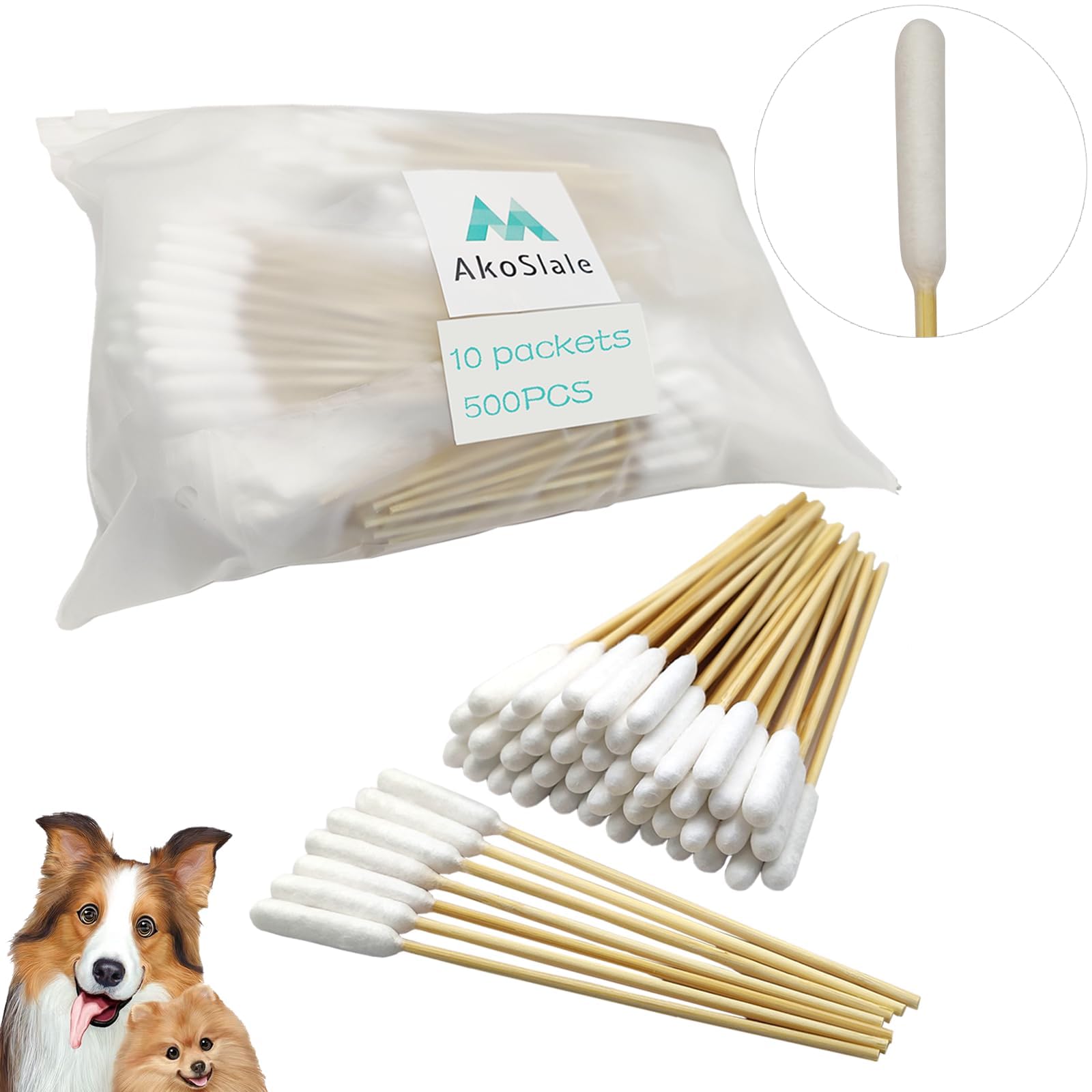 AkoSlale Long Cotton Swabs for Dog Ear Cleaning, 500pcs, 4.7 Inch Biodegradable Cotton Tips, Pet Ear Care & Wound Treatment, Eco