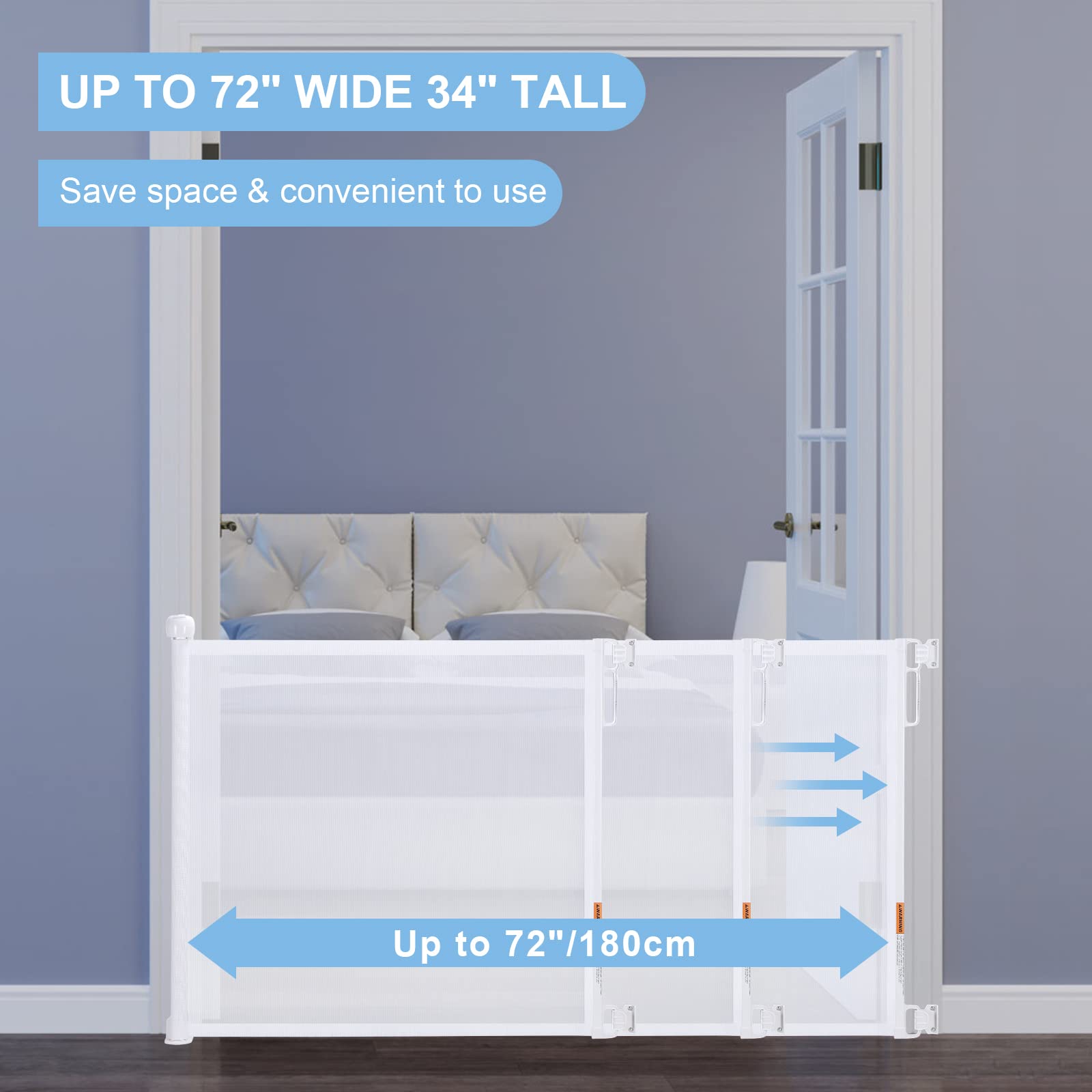 PRObebi Retractable Baby Gate - 34" Tall, Extends 72" Wide, B-White, Indoor/Outdoor Safety Gate for Stairs, Doorways, Decks, Banisters
