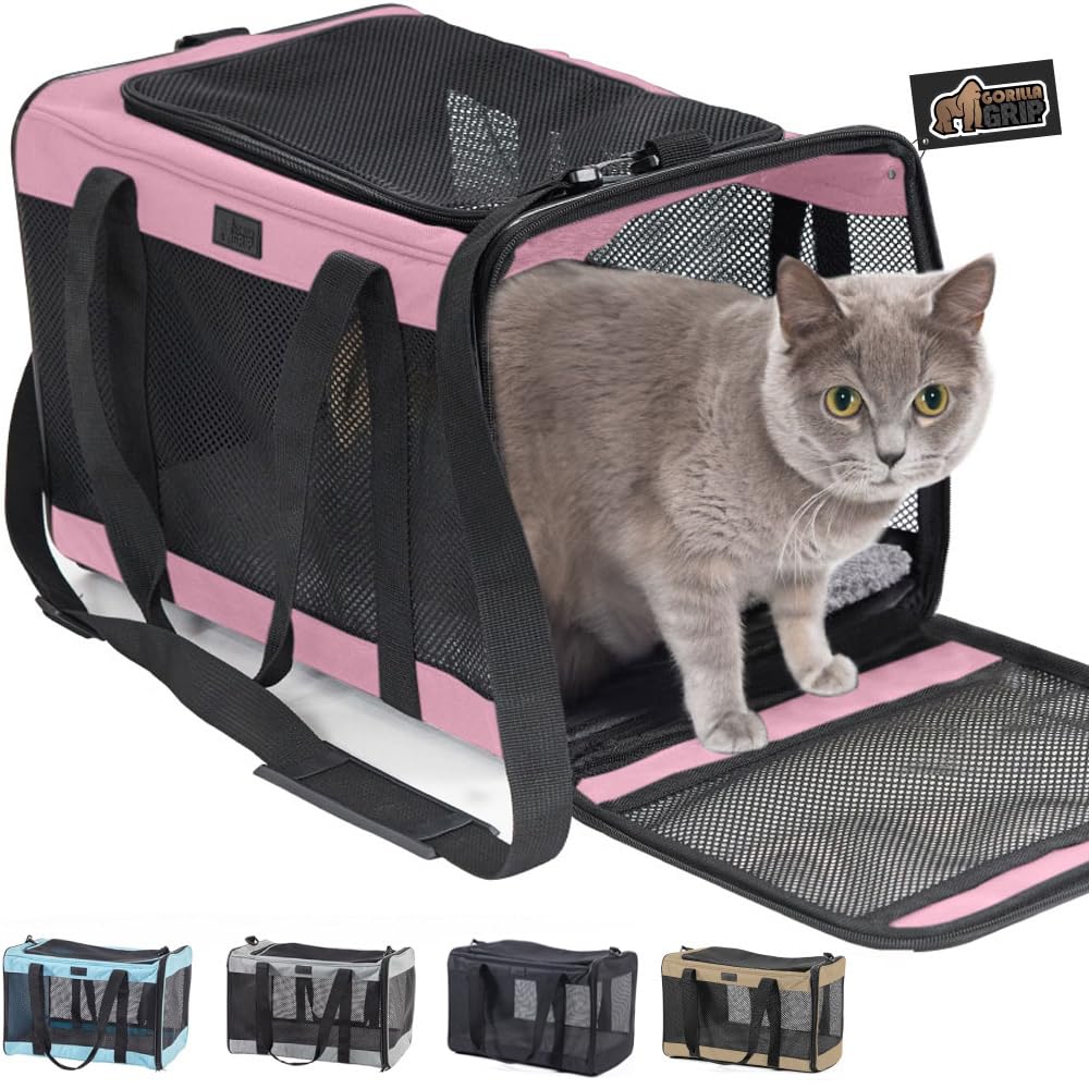 Gorilla Grip Airline Travel Cat Carrier Bag Up To 15 Lbs, Breathable Mesh Collapsible Pet Carriers For Small, Medium Cats, Small Dogs, Puppies, Portable Kennel With Soft Washable Waterproof Pad Pink