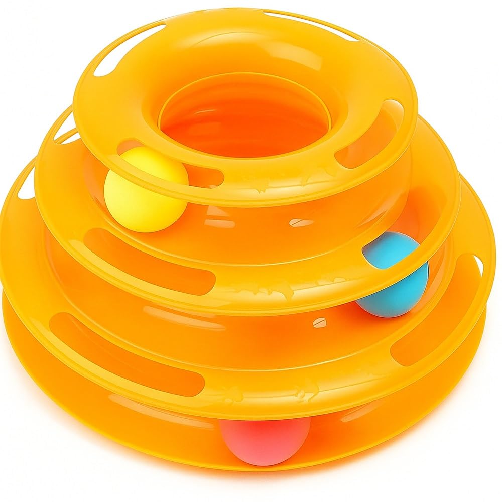 Petjoy Interactive 3 Layer Tower Track Cat Toy | Detachable Stacking Tracks With Bright Rolling Balls | AntiSlip Base | Fun Pla