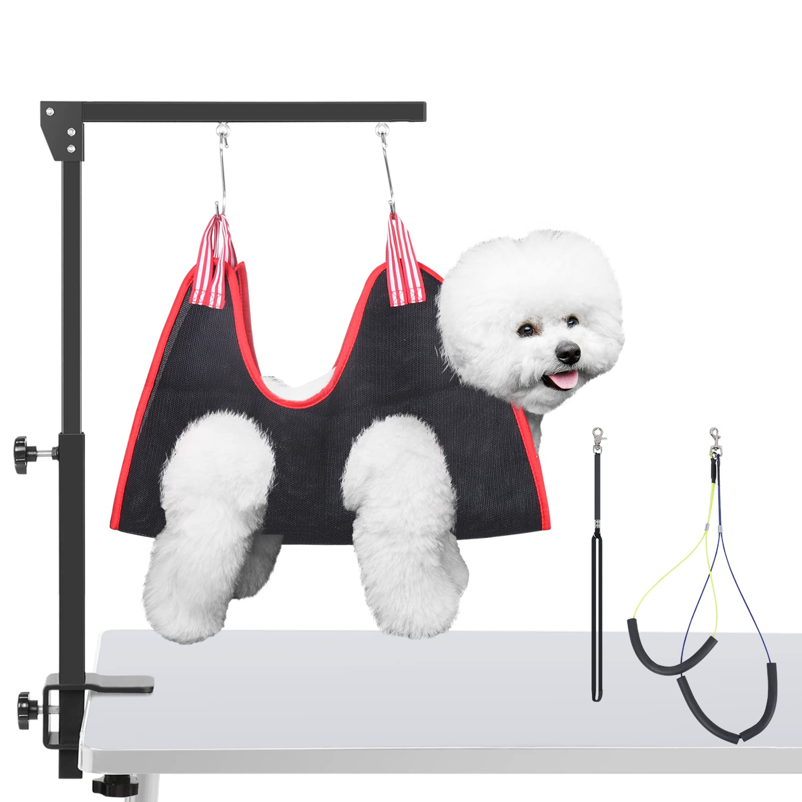 HIDOG Dog Grooming Arm with Clamp, Adjustable Dog Grooming Table Arm with Two No Sit Haunch Holder & Hammock Harness, Foldable P