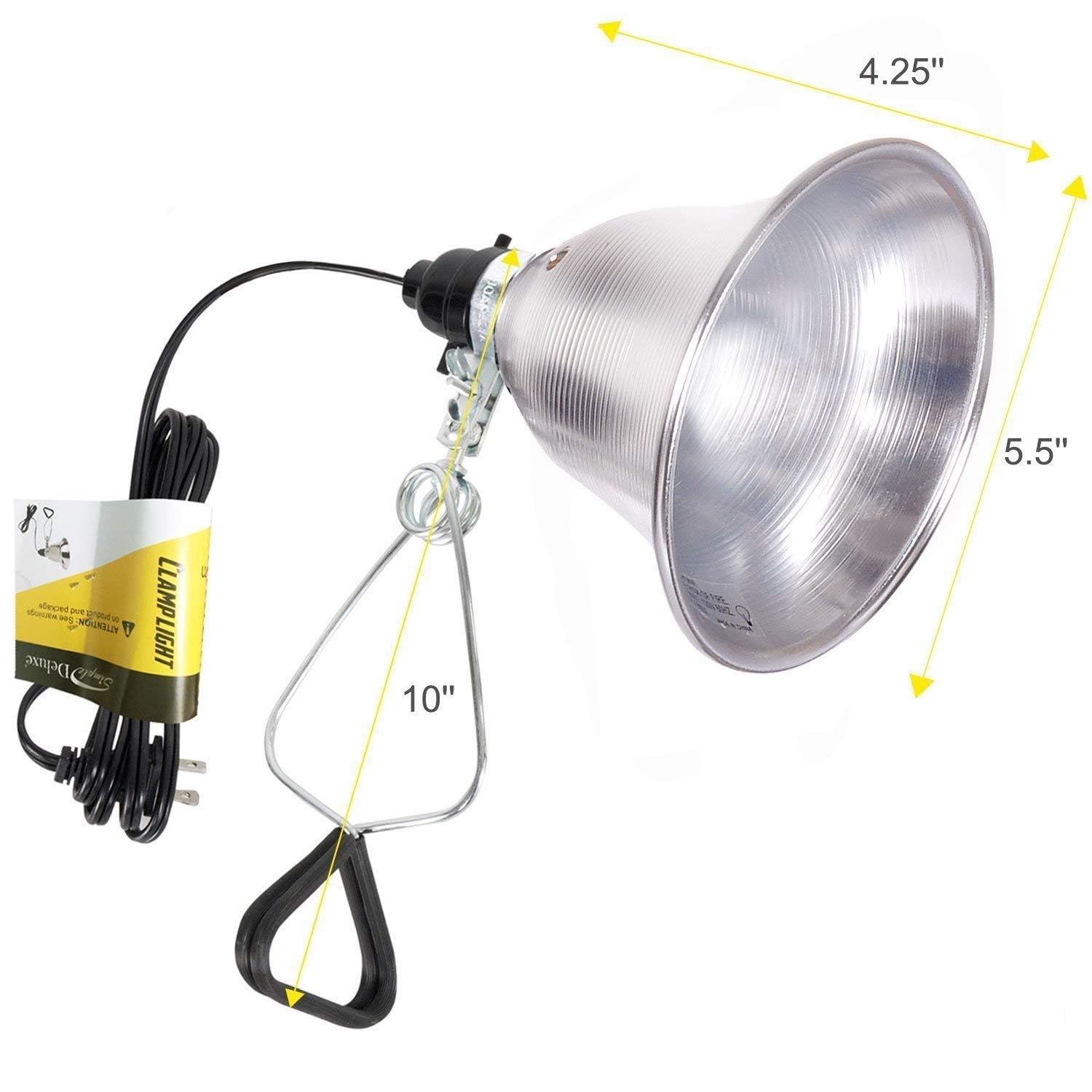 Simple Deluxe Clamp Lamp Socket - 5.5 Inch Aluminum Reflector, Max 60W, 6ft Cord, Silver