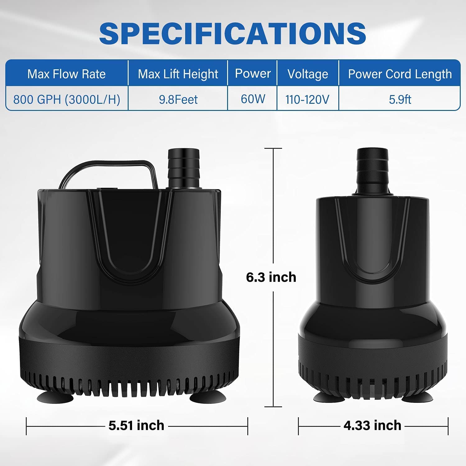 Simple Deluxe 800GPH Bottom Suction Submersible Pump (3000L/H, 60W) with 9.8ft High Lift, Fountain Pump with 3 Nozzles for Fish