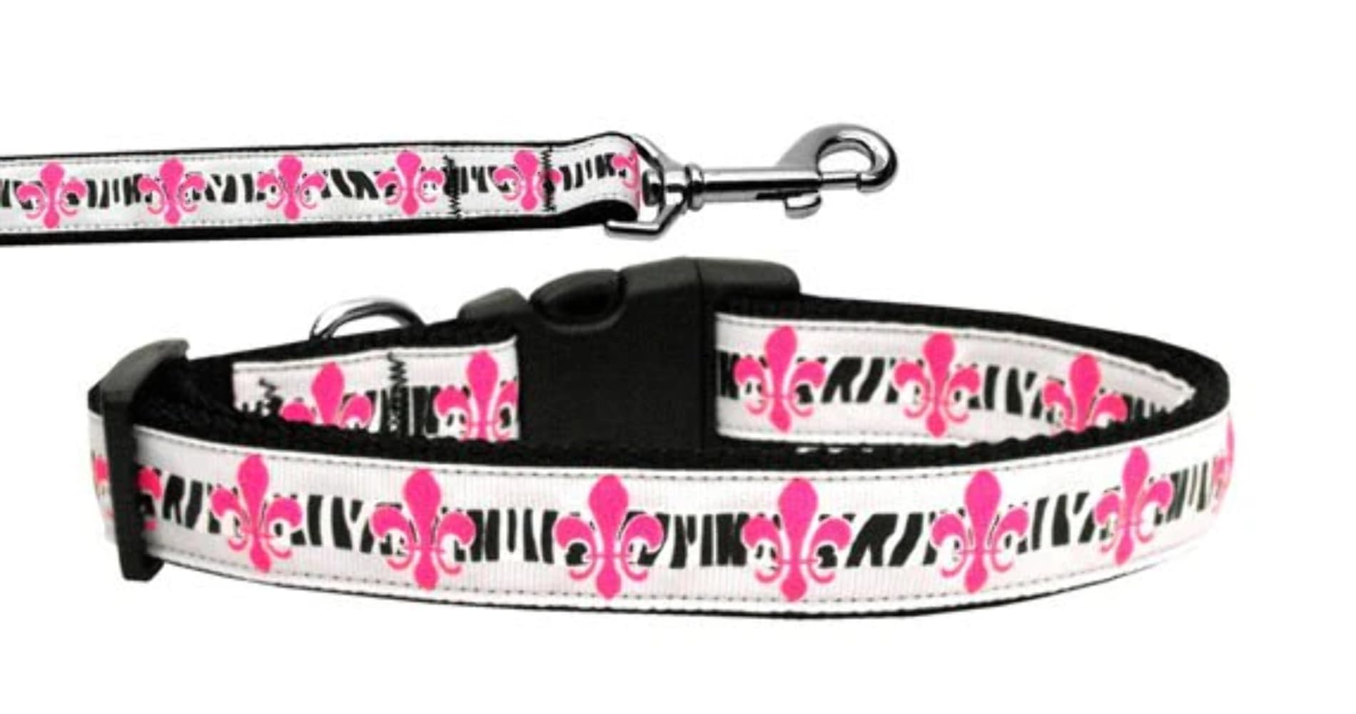 Pet Dog & Cat Nylon Collar or Leash, Pink Fleur De Lis LG Collar