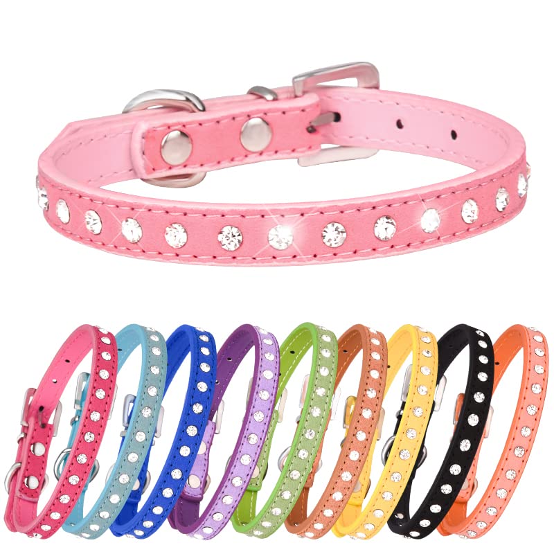 Haoyueer Cute Dazzling Sparkling Elegant Fancy Suede Leather 1 Rows Bling Rhinestone Crystal Jeweled Small Pet Cat Dog Puppy Collar(Pink,S)