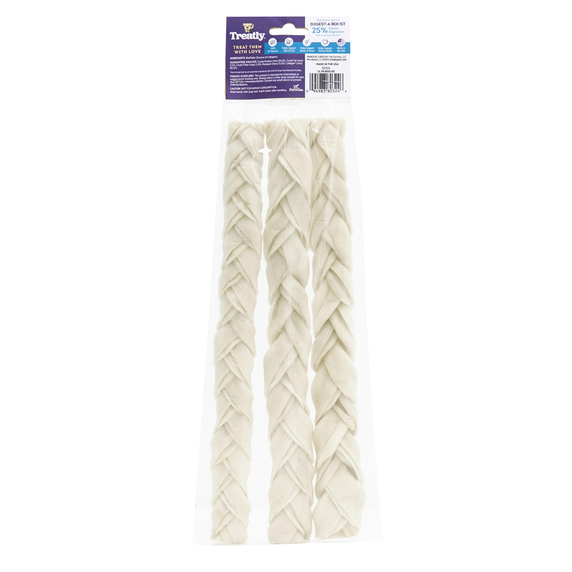 Treatly USA Collagen Braids 12-13 Dog Chew Treats - Natural Flavor, 3 Count/1 Pack