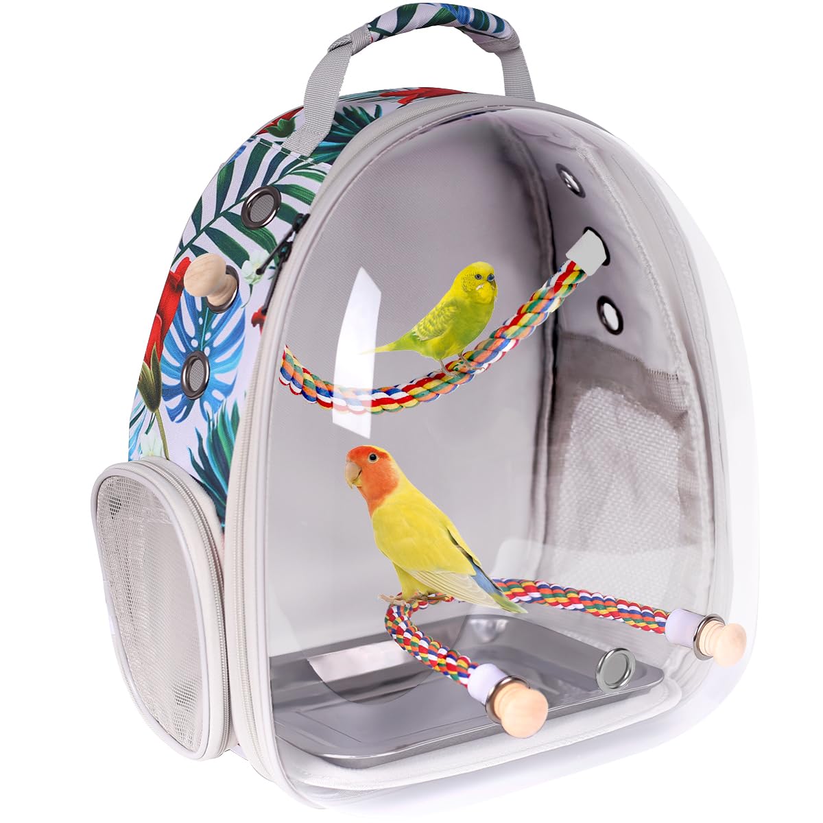Bird Traval Carrier Cage, Clear Space Capsule Astronaut Backpack To Carry Parakeet Cockatiel Parrot With Metal Tray Wood Perch, 