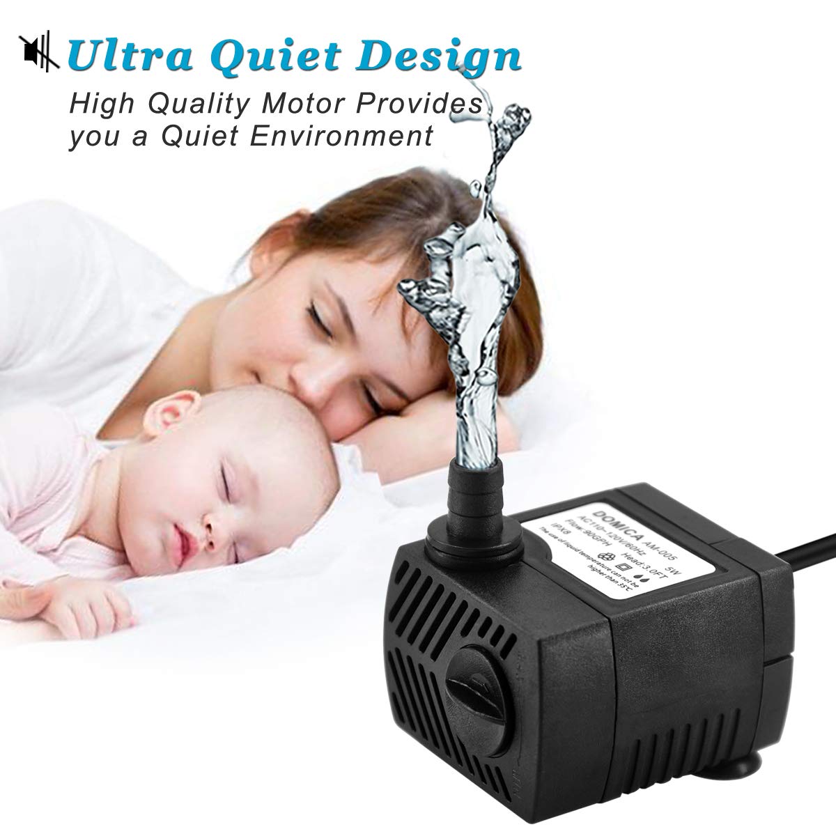DOMICA 90 GPH Mini Submersible Pump, 5W Fountain Pump for Aquariums & Ponds, Black Plastic, Model FR-PPU12-188