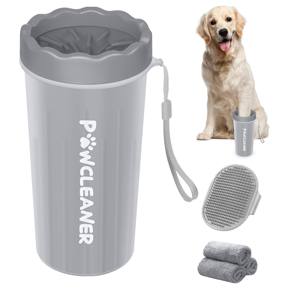 Comotech Dog Paw Washer With Bath Brush - Large, Grey (With 3 Absorbent Towels, Adjustable Handle For Long & Short Haired Dogs)