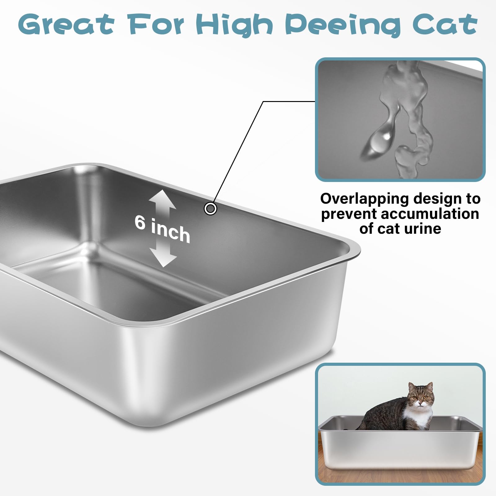 Futam Stainless Steel Litter Box 2 Pack,Medium Metal Litter Box For Kitty/Cat/Rabbits, Easy To Clean, Non Stick Litterbox No Sme