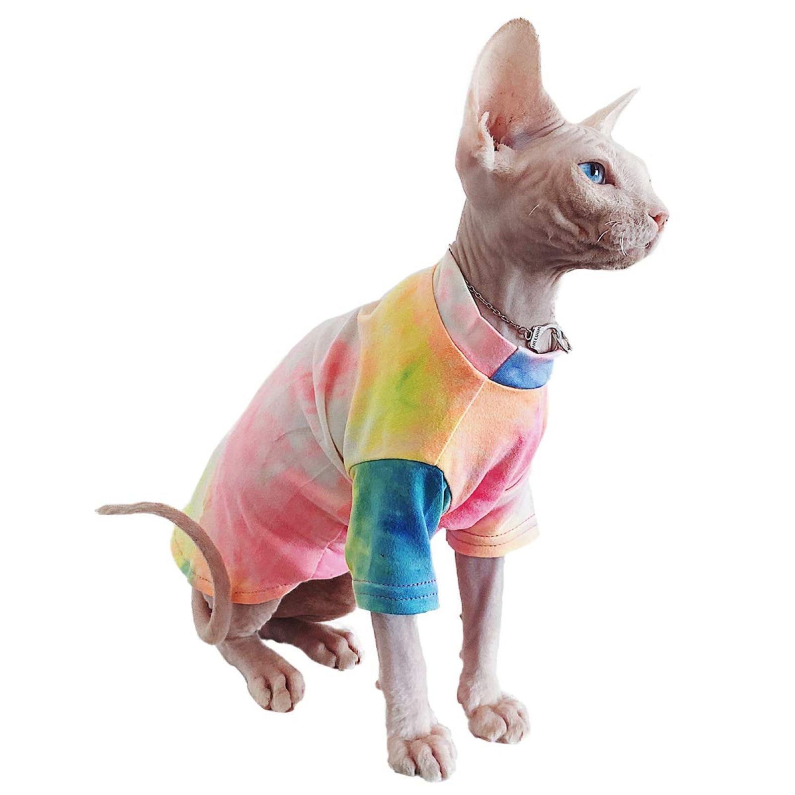 Qbleev Sphynx Cat Clothes, Hairless Cats Rainbow Rendering T-Shirt For Spring Summer Autumn, Breathable Cat Wear Clothes Vest Sh