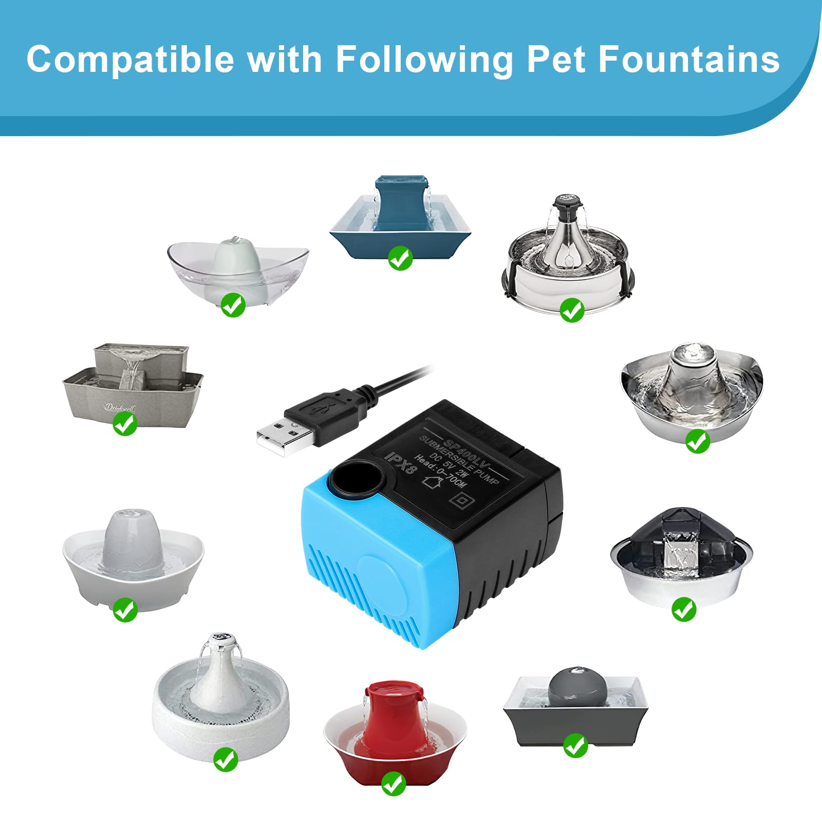 VinDox Replacement Pump for Pet Drinking Fountains - SP-400LV USB Replacement Pump with Adaptor-Compatible with Butterfly, Ceram