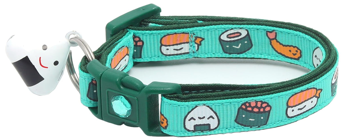 Sushi Cat Collar With Onigiri Bell | Adjustable Large Size Or Kitten Collar | Safety Breakaway Collarr (Small(10Lbs & Less), Aqu