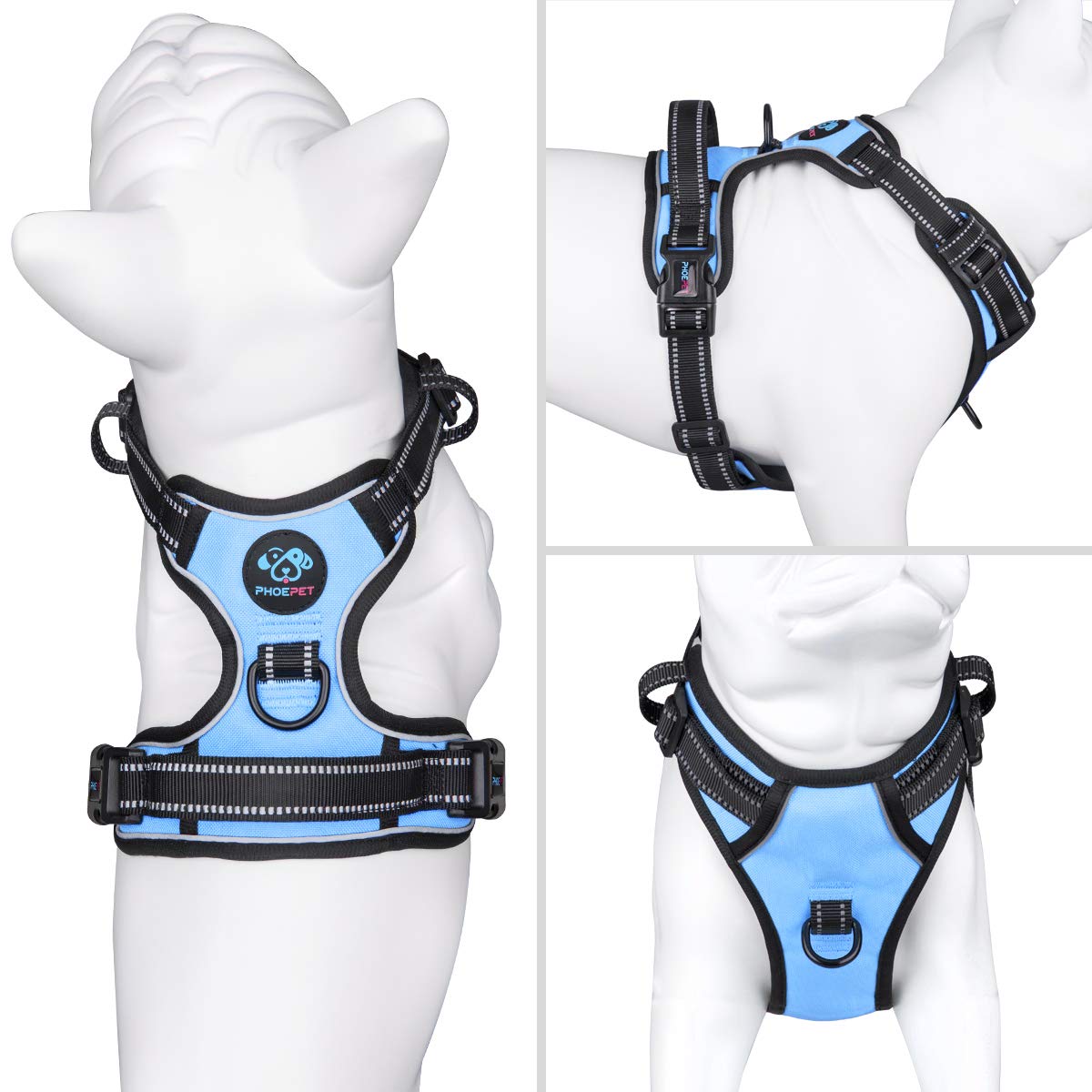 Phoepet No Pull Dog Harness Reflective Adjustable With 2 Metal Leash Hooks And Soft Training Handle [Over The Head Design](M, Ba