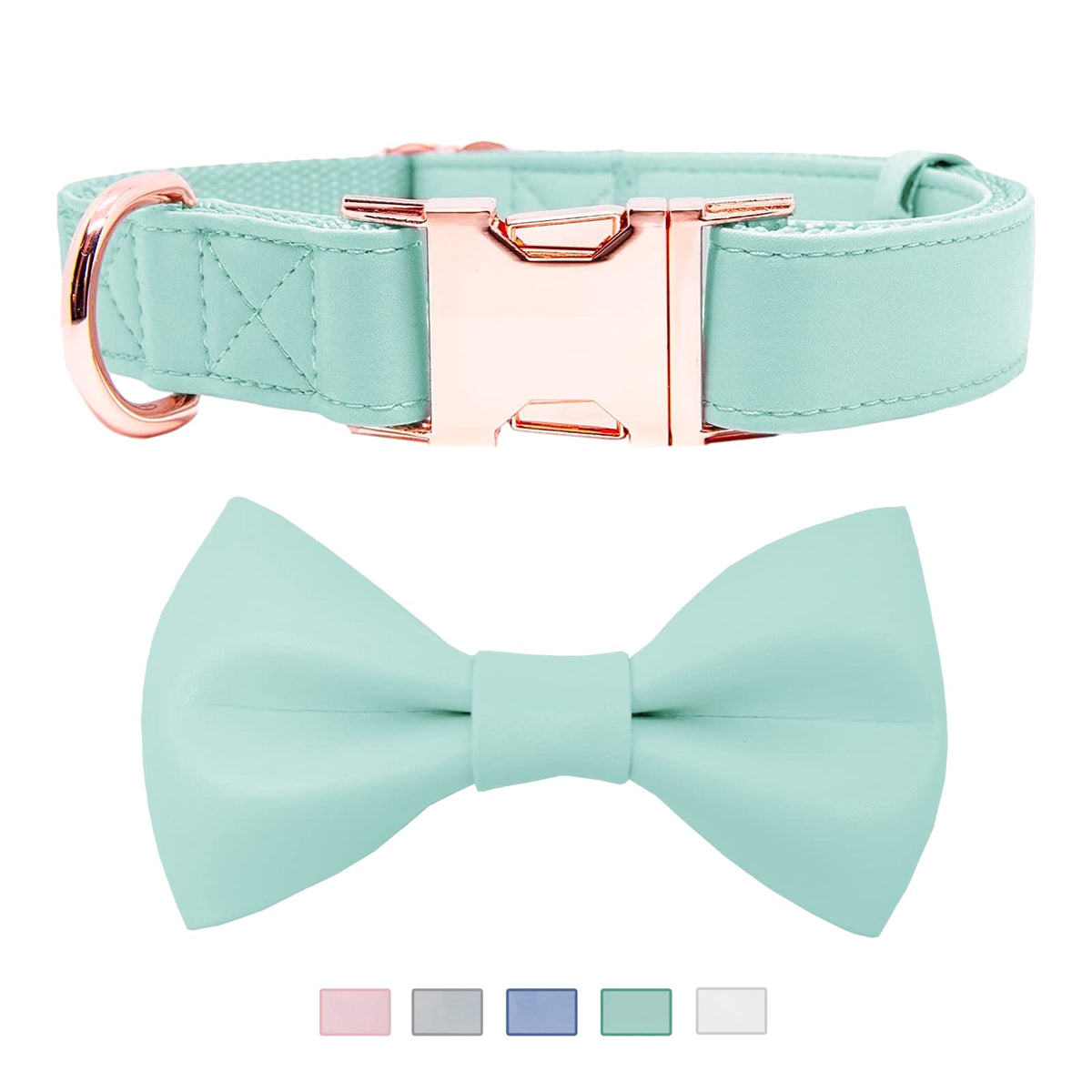 Soft Leather Bowtie Dog Collar - Adjustable Cute Bow Tie Collar [Easy To Clean] With Stylish Rose Gold Heavy Duty Metal Buckle For Small Medium Large Dogs Mint Green M