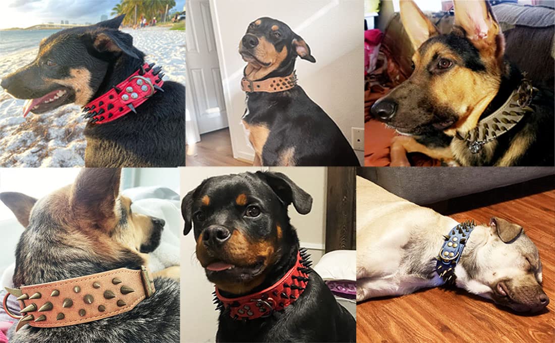 Kawagogo Spiked Studded Dog Collar With Large Sharp Spikes,2 Inch Wide Red Leather Dog Collar,Anti-Bite,Fit Large Medium Dogs,Pi