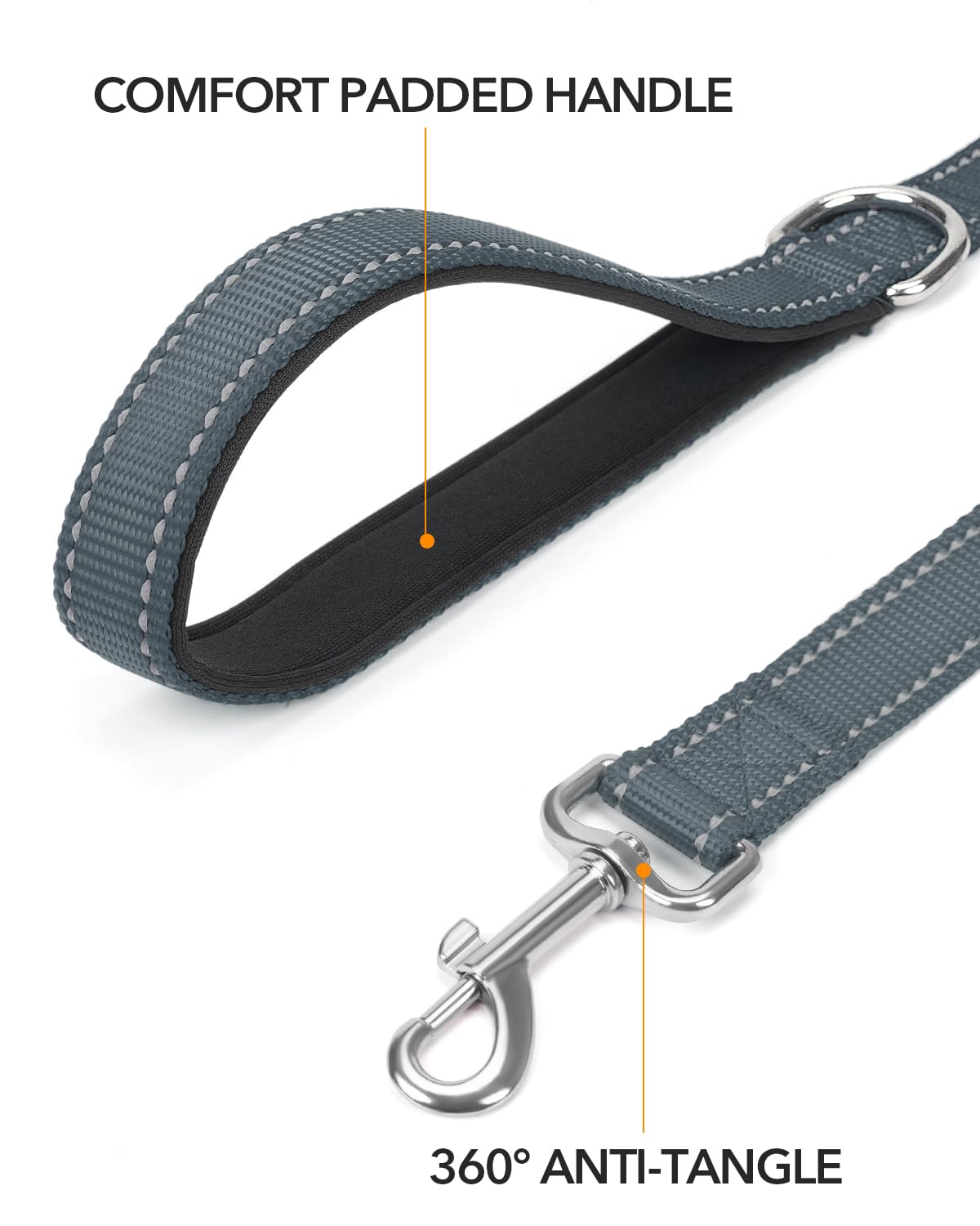 Taglory Double-Sided Reflective Heavy Duty Dog Leash 4Ft 5Ft 6Ft,Neoprene Padded Handle And Metal Hook Pet Training Leashes For Small Medium Large Dogs, Grey