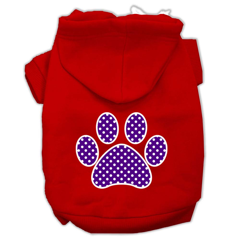 Pet, Dog & Cat Hoodie Screen Printed, 'Purple Swiss Dots Paw' Red Lg (10-14 Lbs.)