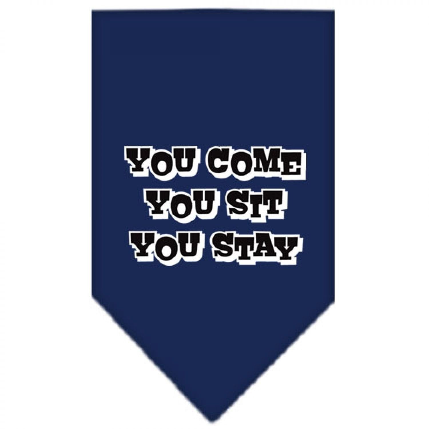 Pet and Dog Bandana Screen Printed, &quot;You Come, You Sit, You Stay&quot; Navy Blue Small