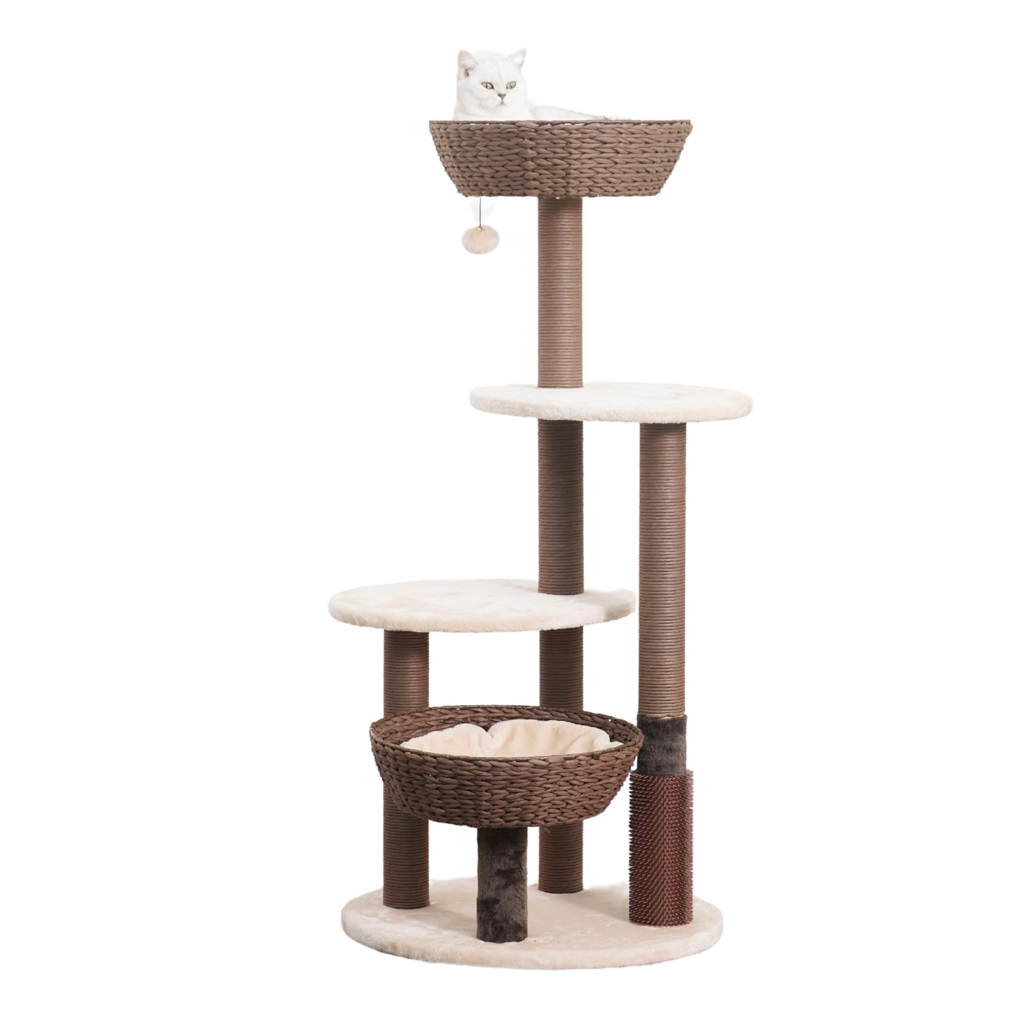 Petpals 48'High 5-Level Large Cat Tree With Handwoven Basket Beds, Multi-Level Platforms,Recycled Paper Rope Scratching Posts, Removeable Cushions, Teaser Toy & Massager For Multi Cats, Brown & Beige