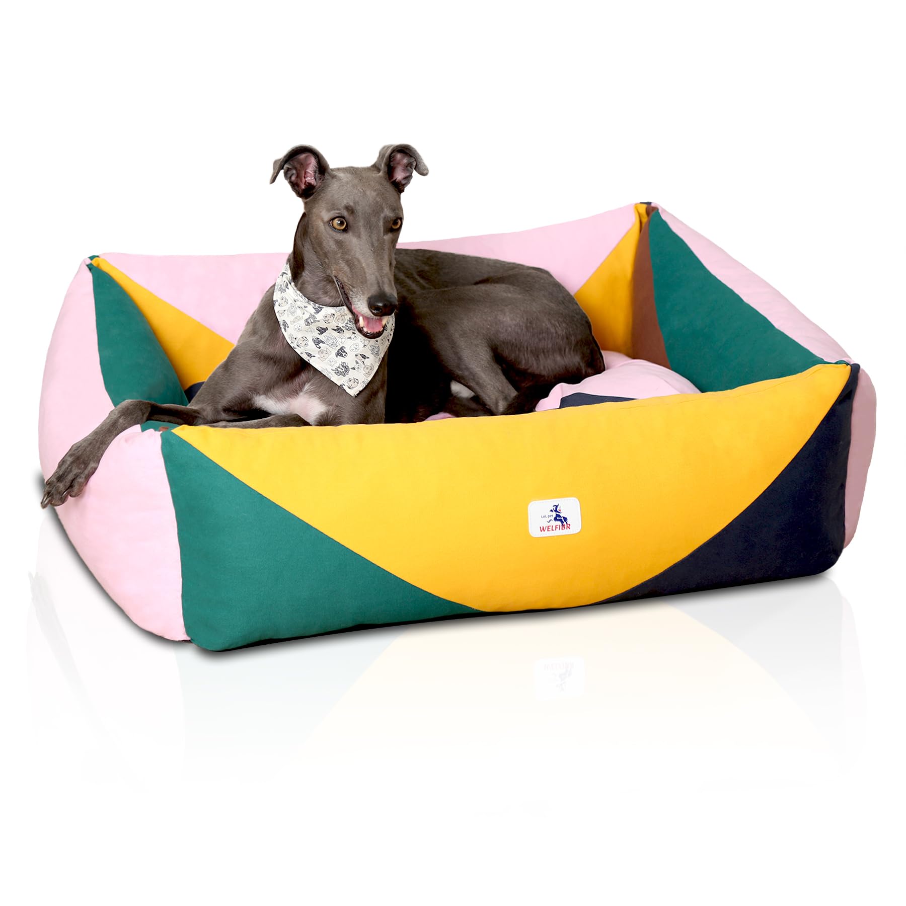 Welfibr Washable Rectangle Dog Bed with Removable Cover, Color-Block Gingham Cotton Large Dog Sofa, Durable Breathable Scratch R