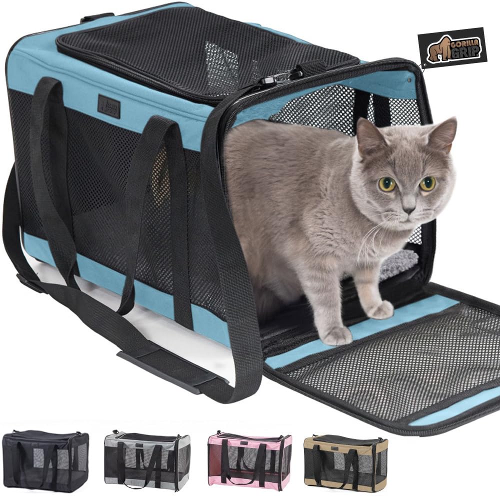 Gorilla Grip Airline Travel Cat Carrier Bag Up To 15 Lbs, Breathable Mesh Collapsible Pet Carriers For Small, Medium Cats, Small Dogs, Puppies, Portable Kennel With Soft Washable Waterproof Pad, Blue
