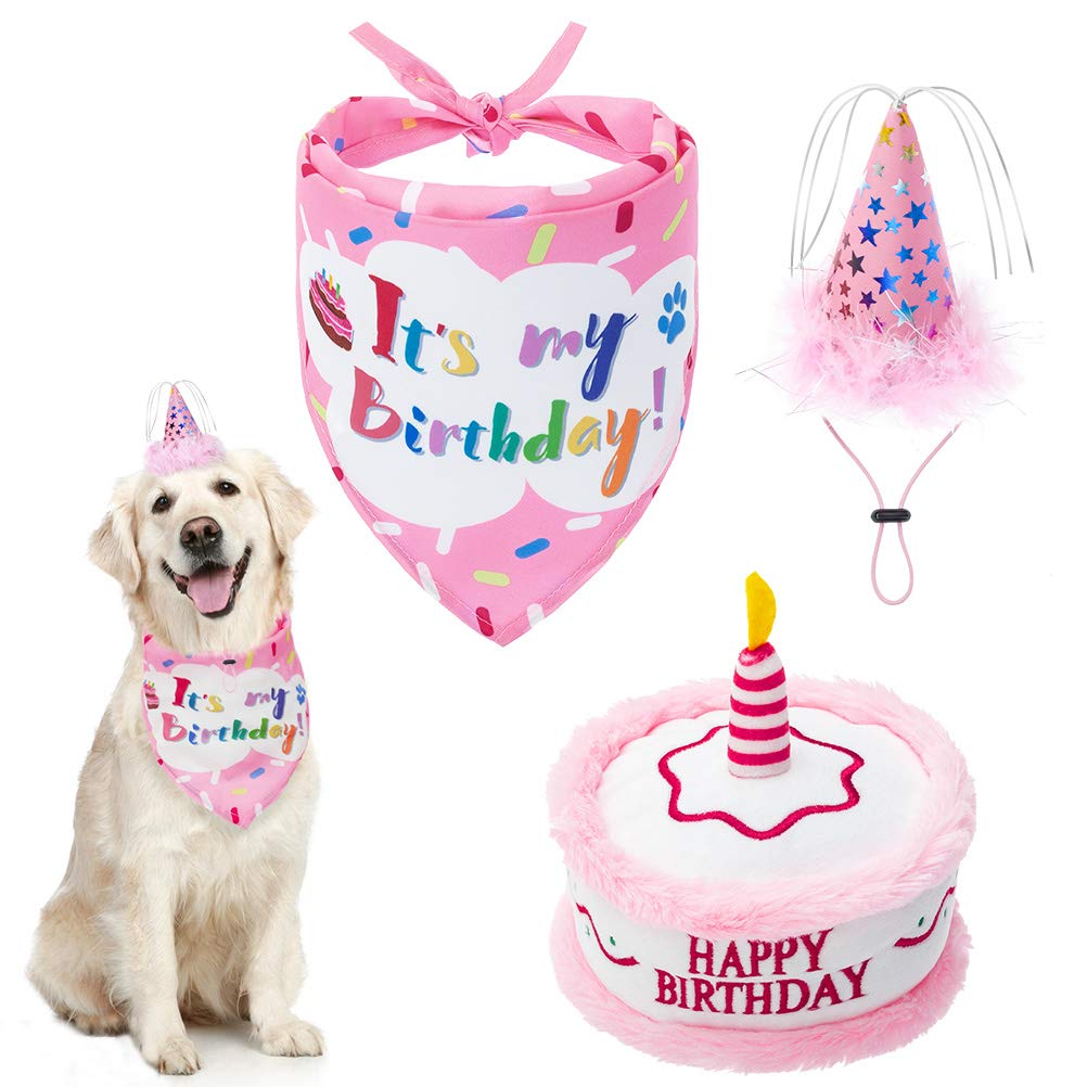 Dog Birthday Bandana Set - Cute Hat And Squeaky Cake Toy For Birthday Party Supplies Gift - Great For Small Medium Large Dogs Pi