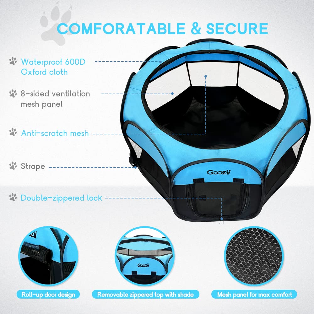 Goozii Dog Playpen Portable Collapsible, Indoor Outdoor Pet Puppy Exercise Playpens Case With Zipper Door Top Cover Floor For La