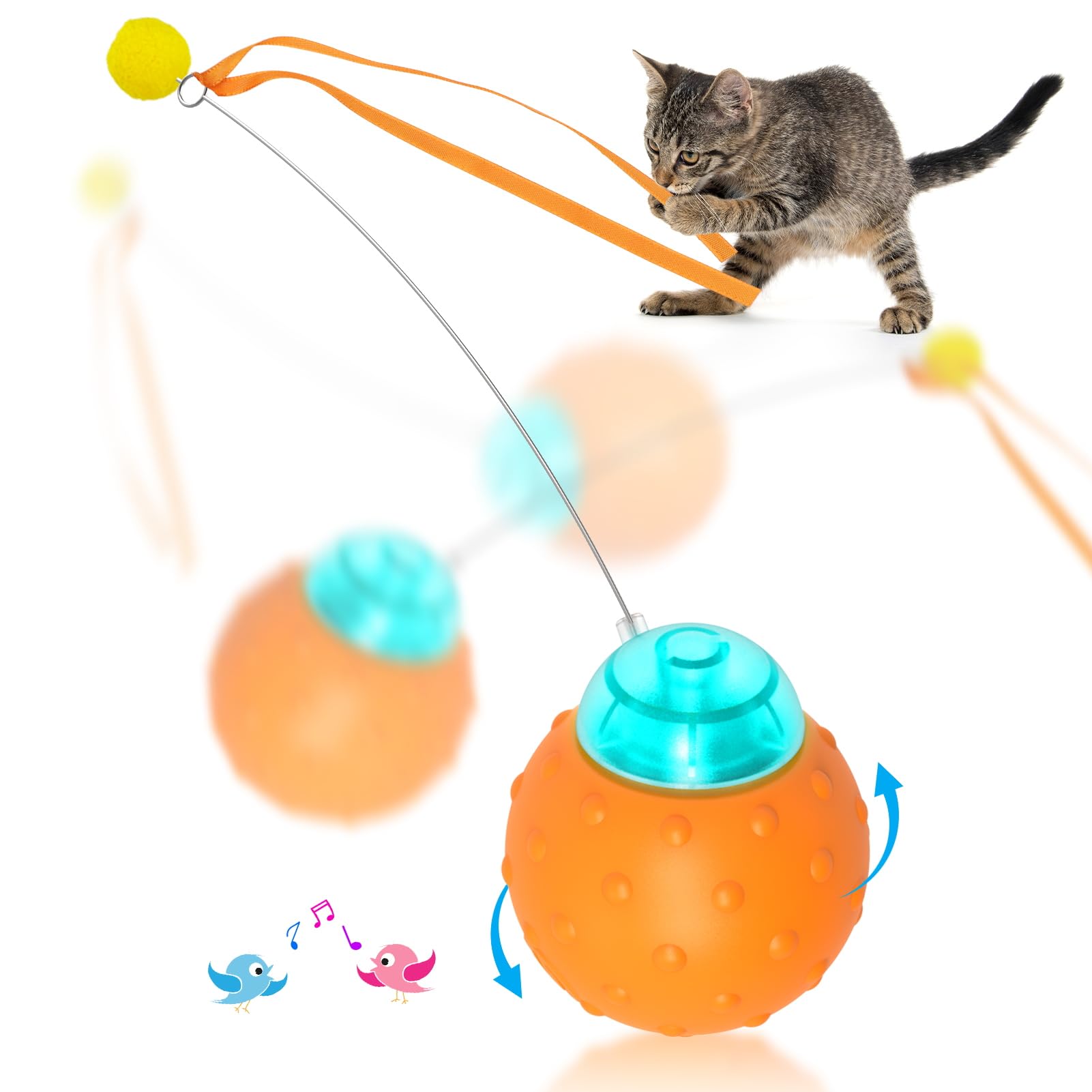 Waaiio Interactive Cat Toy Ball, Touch Activated Cat Toys For Indoor Cats With Chirping Bird, Automatic Rolling Ball, Rechargeab
