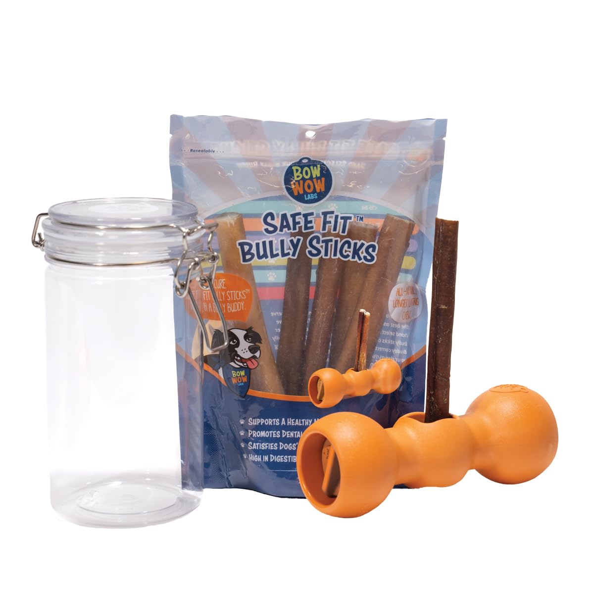 Bow Wow Labs New Bow Wow Buddy Starter Kit - Bully Sticks & Anti-Choking Bully Stick Holder Safety Device for Dogs (S)