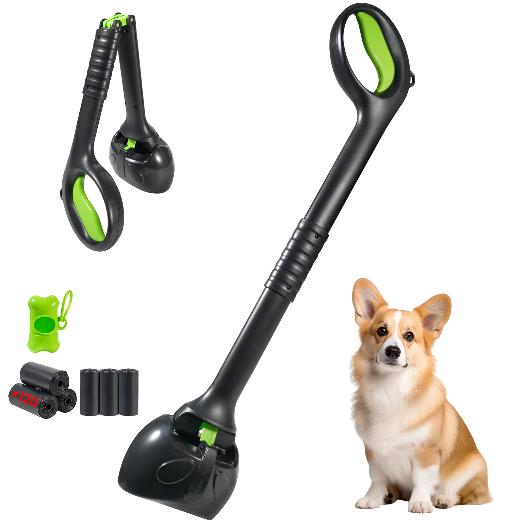 NYEONHRT 28 Inch Handle Dog Pooper Scooper Portable with Bag Attachment, One Handed Foldable Design, Includes 120 Waste Bags and