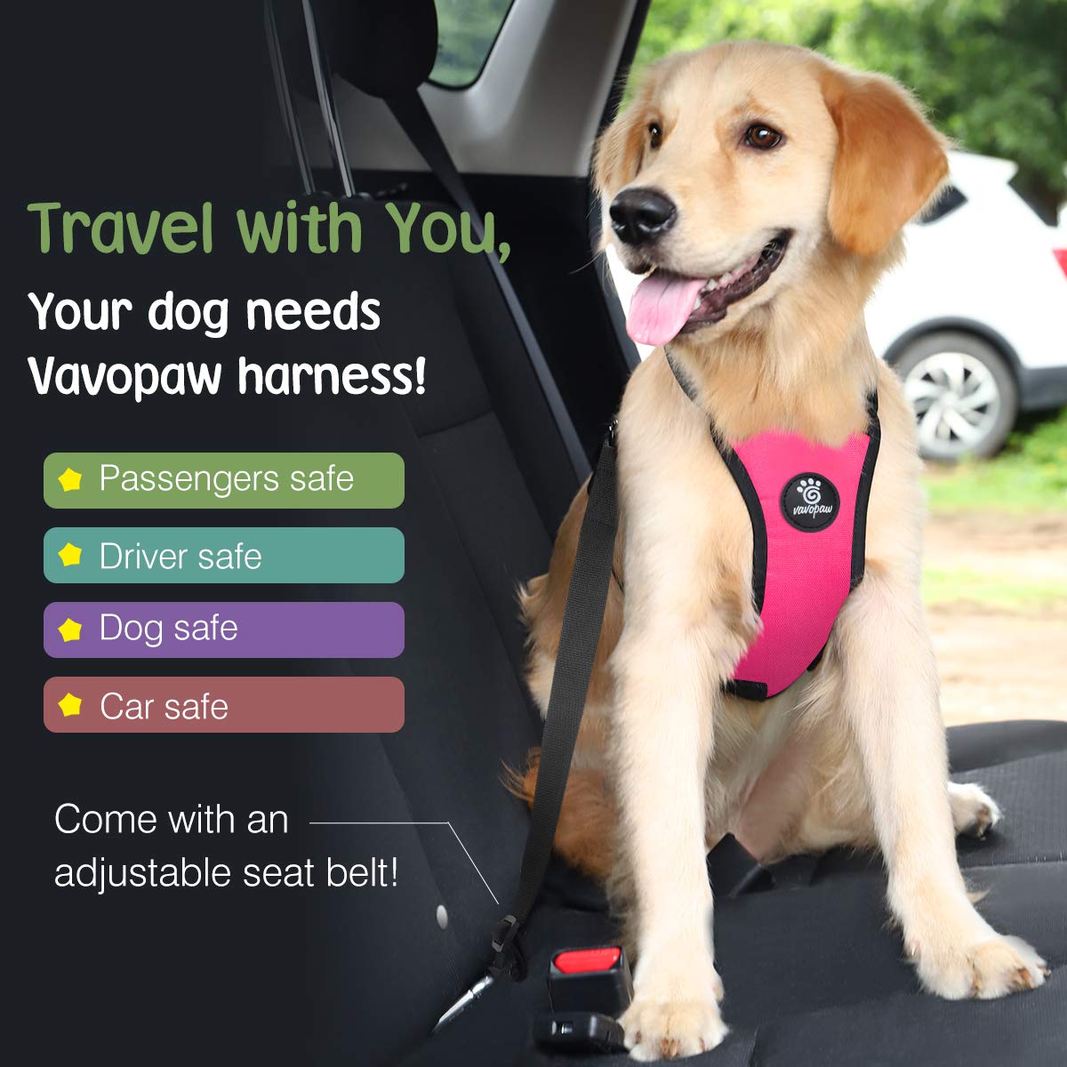 Vavopaw Dog Vehicle Safety Vest Harness, Adjustable Soft Padded Mesh Car Seat Belt Leash Harness With Travel Strap And Carabiner For Most Cars, Large Size, Magenta