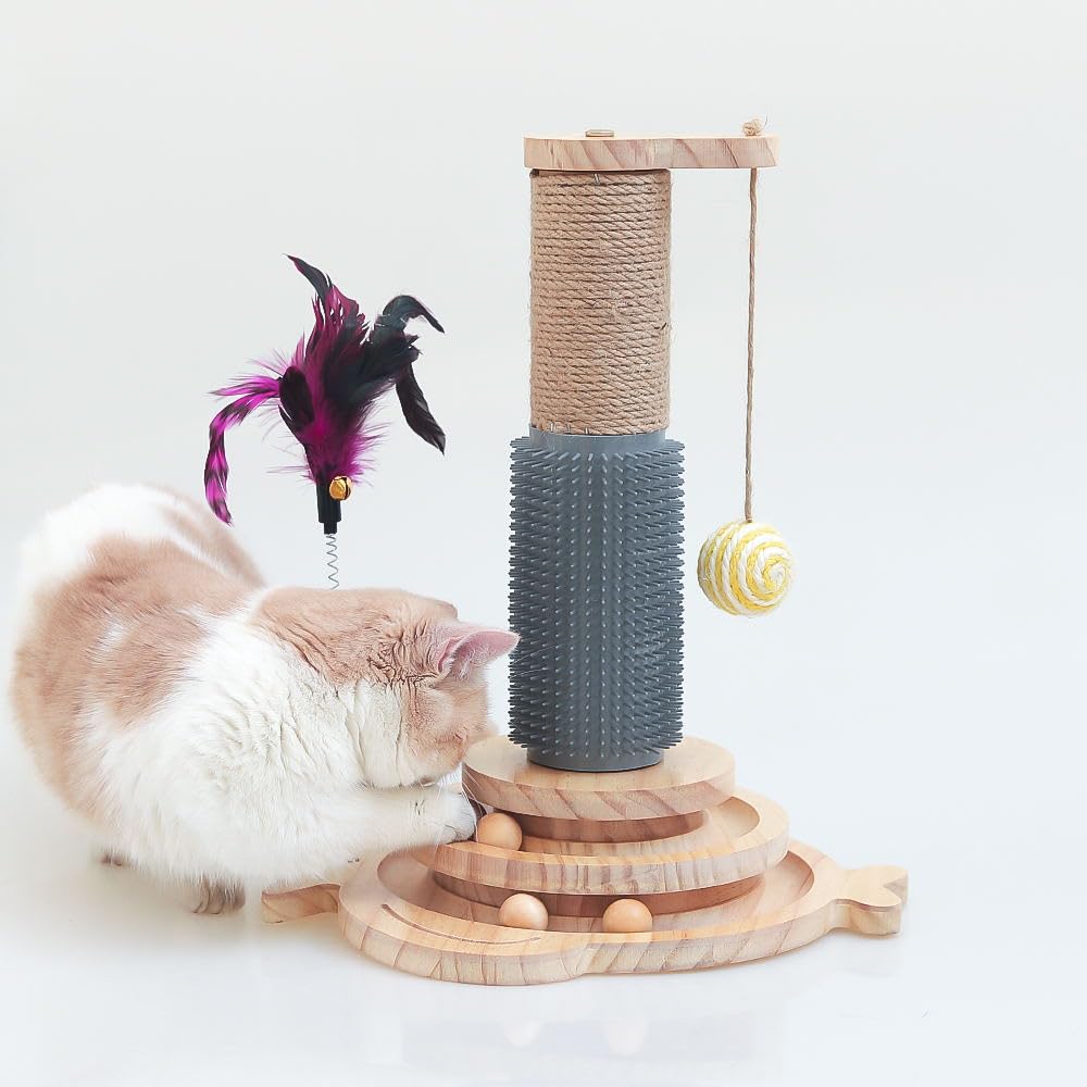 Marchul Cat Toy Roller 2-Level Turntable, Wooden Cat Track Toy With Scratching Post, Interactive Kitten Fun Track Toy For Indoor Cats