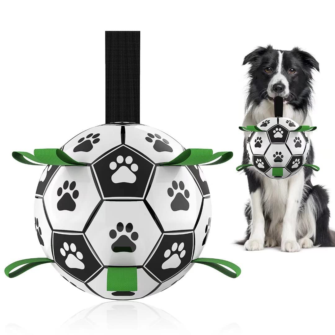 QDAN Dog Toys Soccer Ball with Straps, Interactive Dog Toys for Tug of War, Puppy Birthday Gifts, Dog Tug Toy, Dog Water Toy, Du