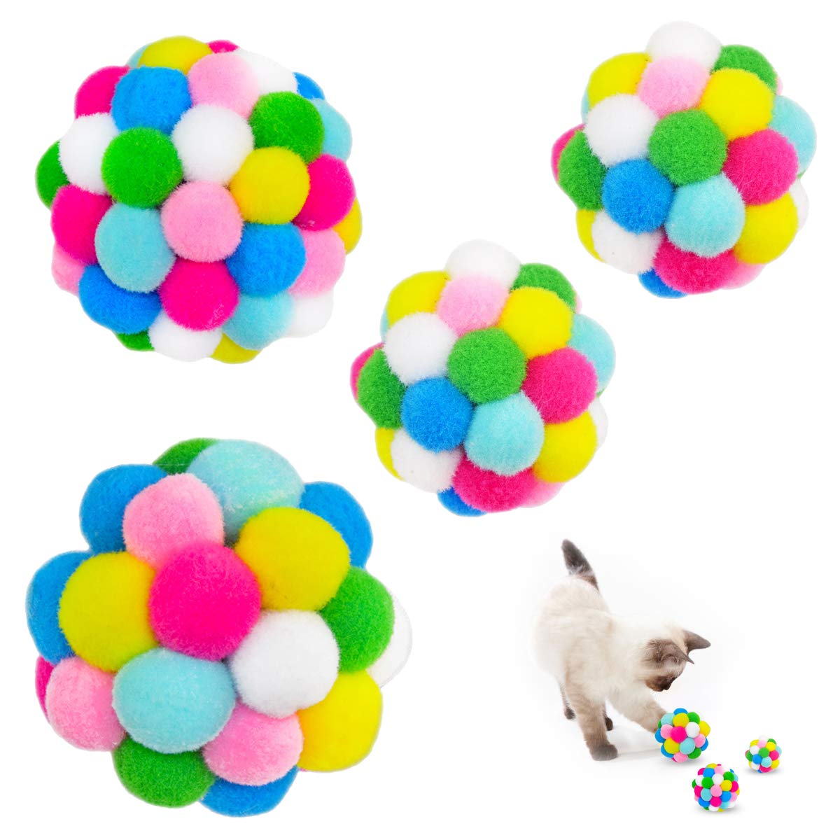 Bell Toys Ball (4 Pack)  Maiyu Colorful Plush Balls BuiltIn Bell For Cats, Interactive Chasing Chewing Toys Soft Pompom Elasti