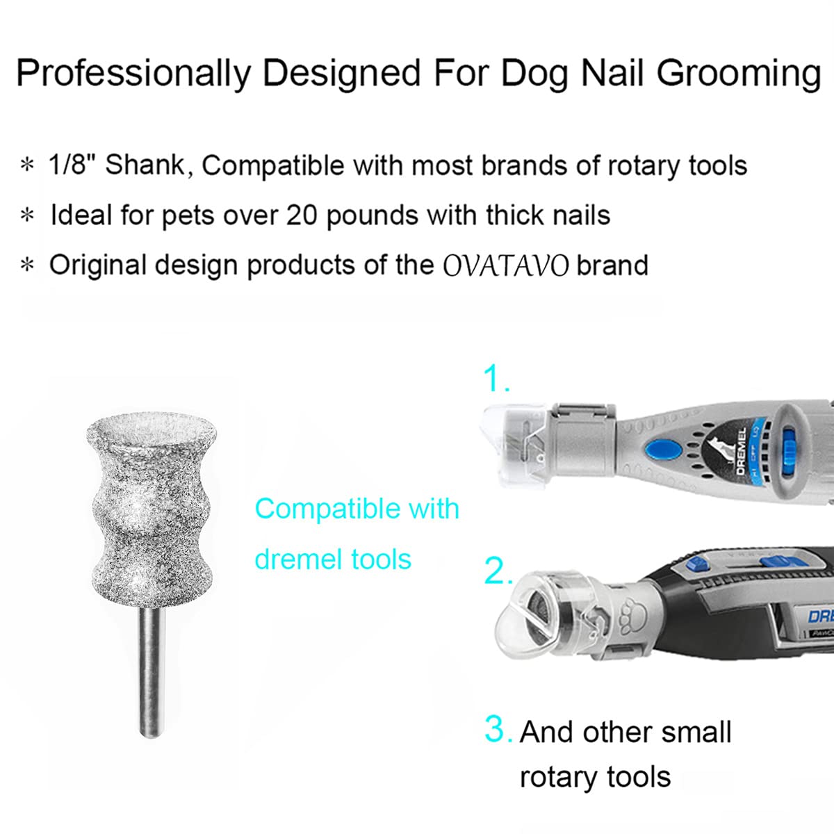 Lombex Diamond Rotary Nail Grinder Bits For Dog - Patented Pet Nail Grinder Attachment - 1/8'' Replacement Grinder Wheel For Dre