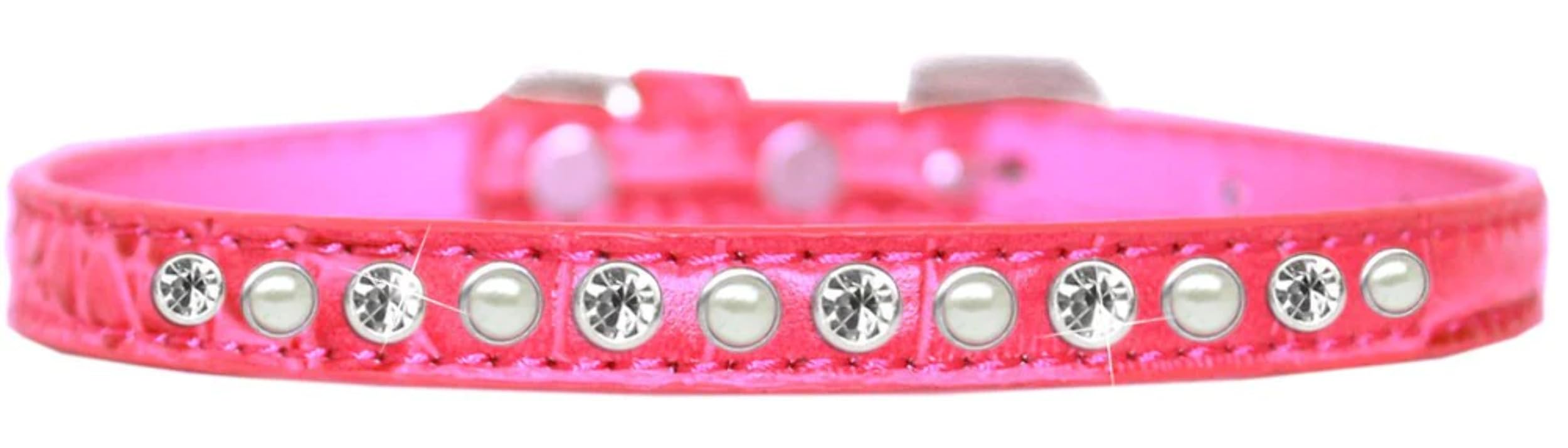 Dog, Puppy and Pet Designer Croc Collar, One Row Pearl & Clear Crystals Rimsets Turquoise 10