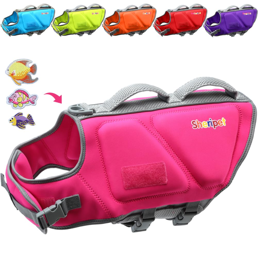 Sheripet Dog Life Jacket For Large Dogs, Dog Life Vest For Swimming With Three Fashion Fabric Patches,Dog Life Jacket With Refle