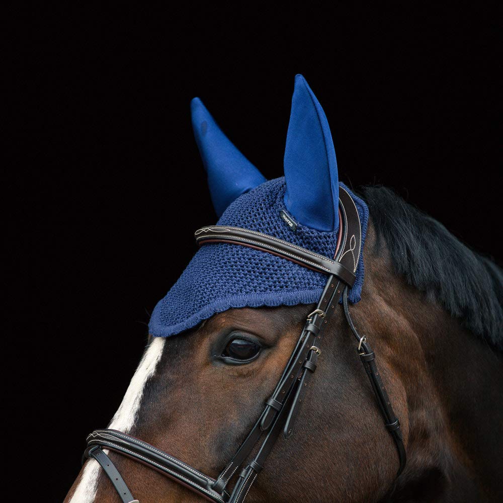 HORZE Supreme Silent Crochet Ear Bonnet - Sound Dampening Fly Protection for Sensitive Horses - Peacoat Dark Blue - Horse