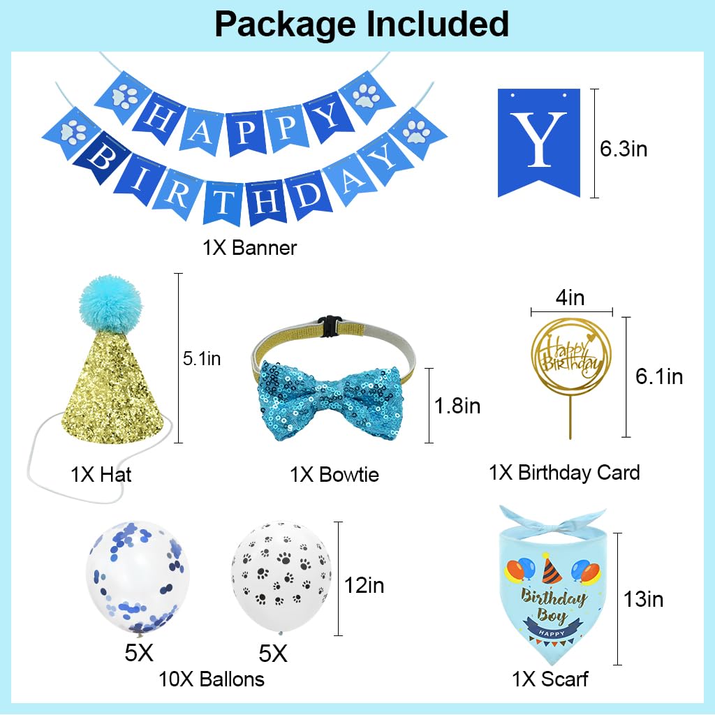 Enmaipet Dog Birthday Party Supplies, Blue Dog Bandana Set With Hat, Scarf, Banner, Balloons And Bowtie For Small To Large Dogs