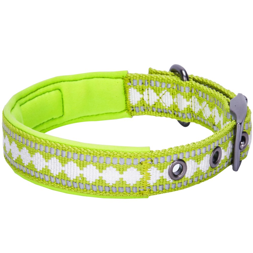 Blueberry Pet Soft & Safe 3M Reflective Jacquard Neoprene Padded Adjustable Dog Collar With Metal Buckle - Macaw Green, Neck 9-1