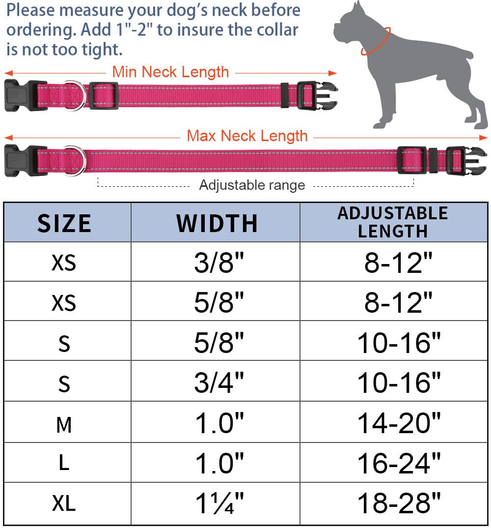 Taglory Reflective Adjustable Dog Collars For Puppy Small Medium Large Dogs, Thin Nylon Webbing And Quick Release Plastic Buckle(Hot Pink,Large)