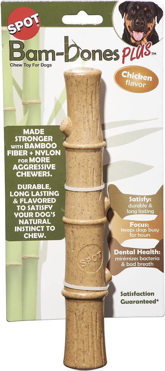 Spot Bam-Bones Plus Bamboo Stick - Bamboo Fiber & Nylon, Durable Long Lasting Dog Chew For Aggressive Chewers – Great Toy For Adult Dogs & Puppies Under 90Lbs, Non-Splintering, 9.5In, Chicken Flavor
