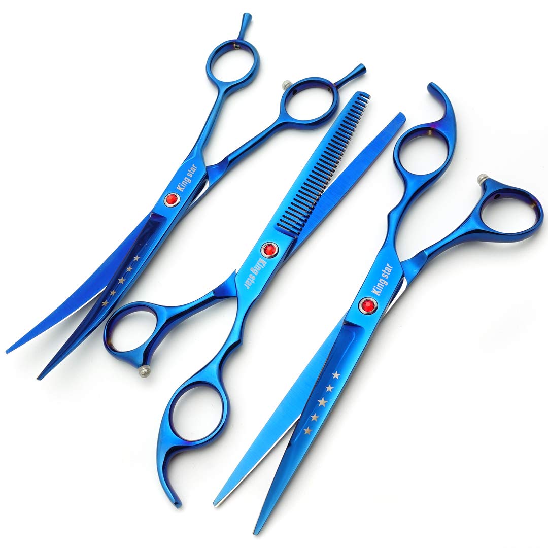7.0in Titanium Professional Pet Grooming Scissors Set,Straight & Thinning & Curved Scissors 3pcs Set for Dog Grooming,A350 (Blue