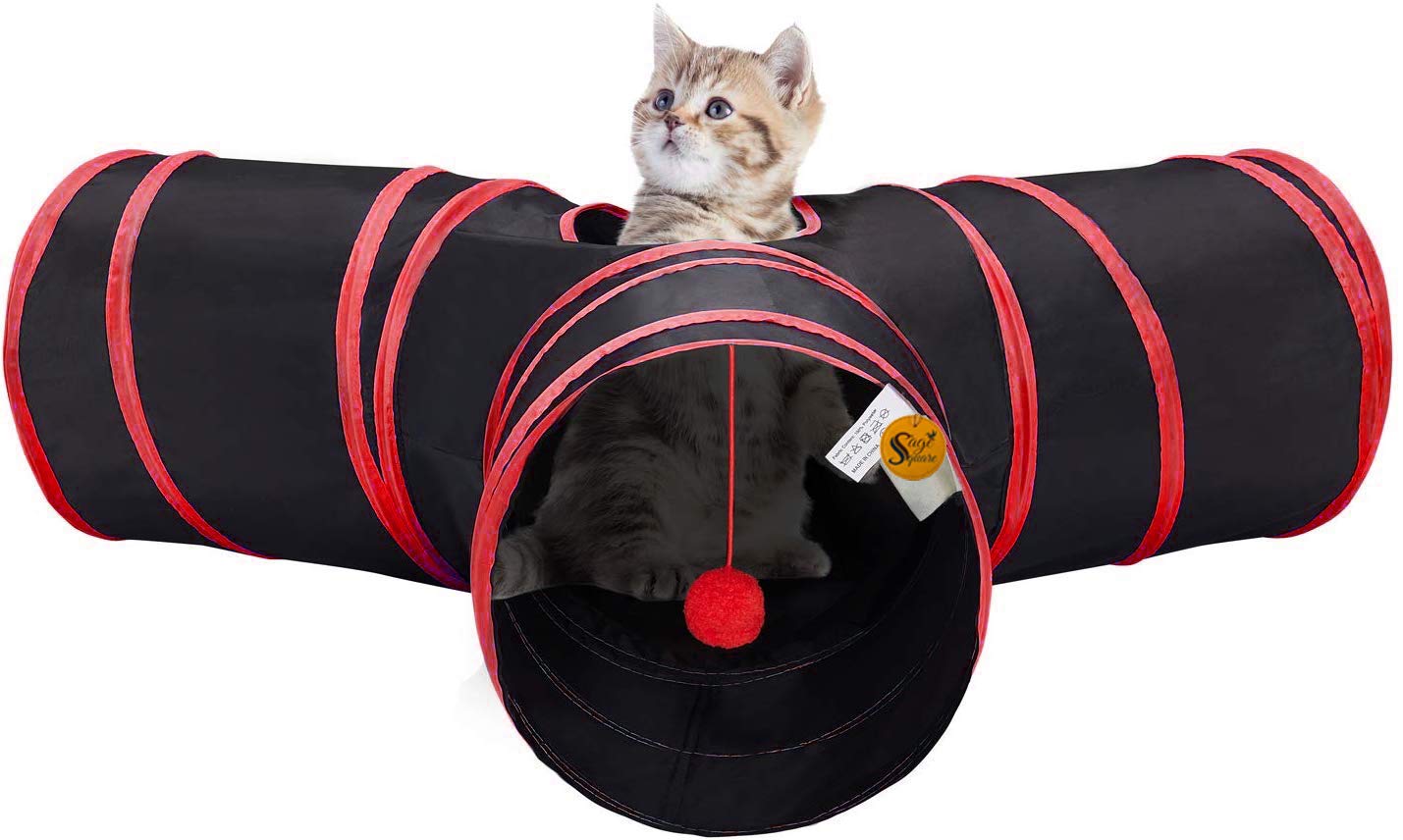 Sage Square Jumbo Collapsible Portable Sleeping Bag Exercise 3 Way Tunnel With Hanging Ball For Cat/Kitten/Puppy/Dog (Red)