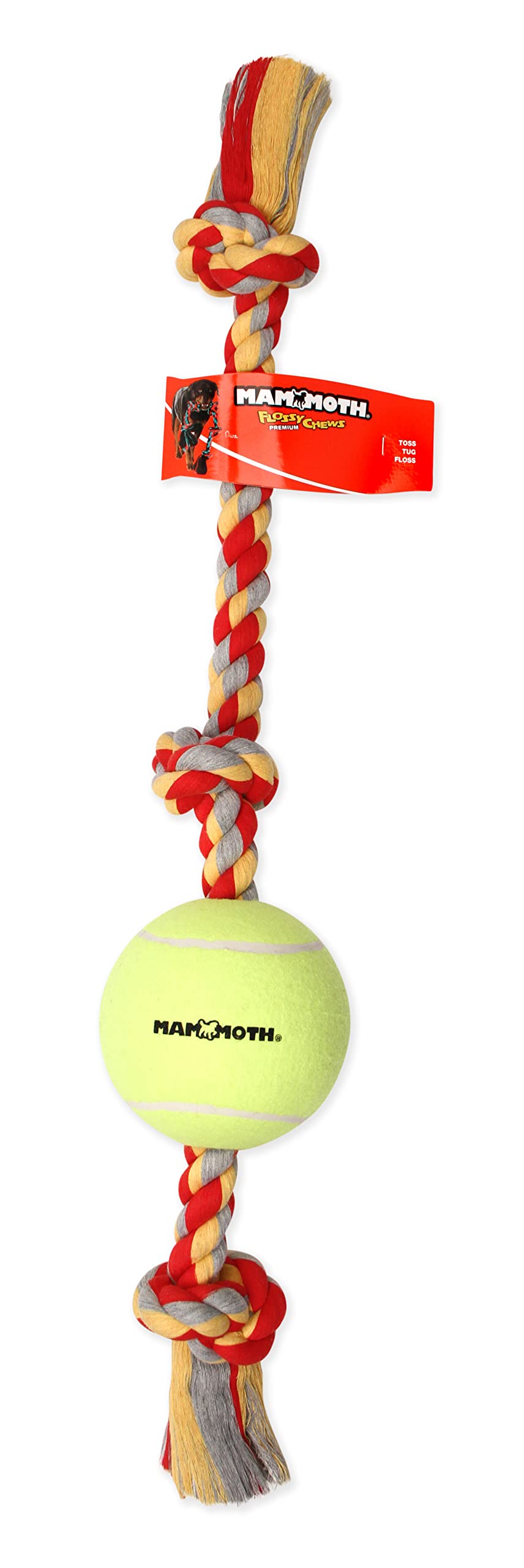 Mammoth Flossy Chews Tug With Big 6-Inch Tennis Ball, X-Large, 36-Inch, Assorted Multicolor (51100F)