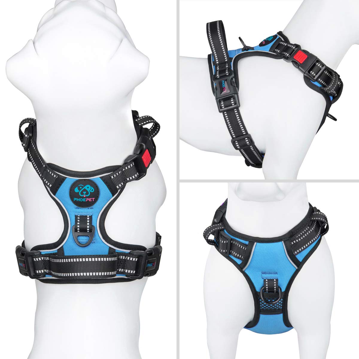 Phoepet No Pull Dog Harness Medium Reflective Front Clip Vest With Handle,Adjustable 2 Metal Rings 3 Buckles,[Easy To Put On & Take Off](M, Blue)