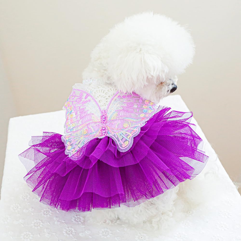 Aniac Butterfly Dog Dress With Purple Tutu Funny Doggy Clothes With Wing Girl Puppy Dress For Small Dogs Pet Butterfly Costume H